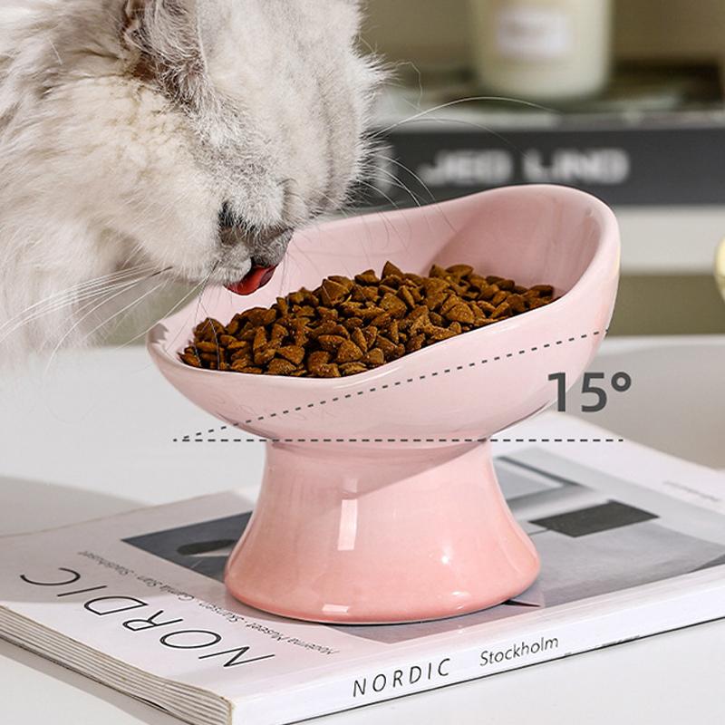 Ceramic Tall Footed Drinking Water Bowls, Anti Overturning Oblique Mouth, Neck Protection, Large Caliber Cat Bowl, Articles, 1Pc