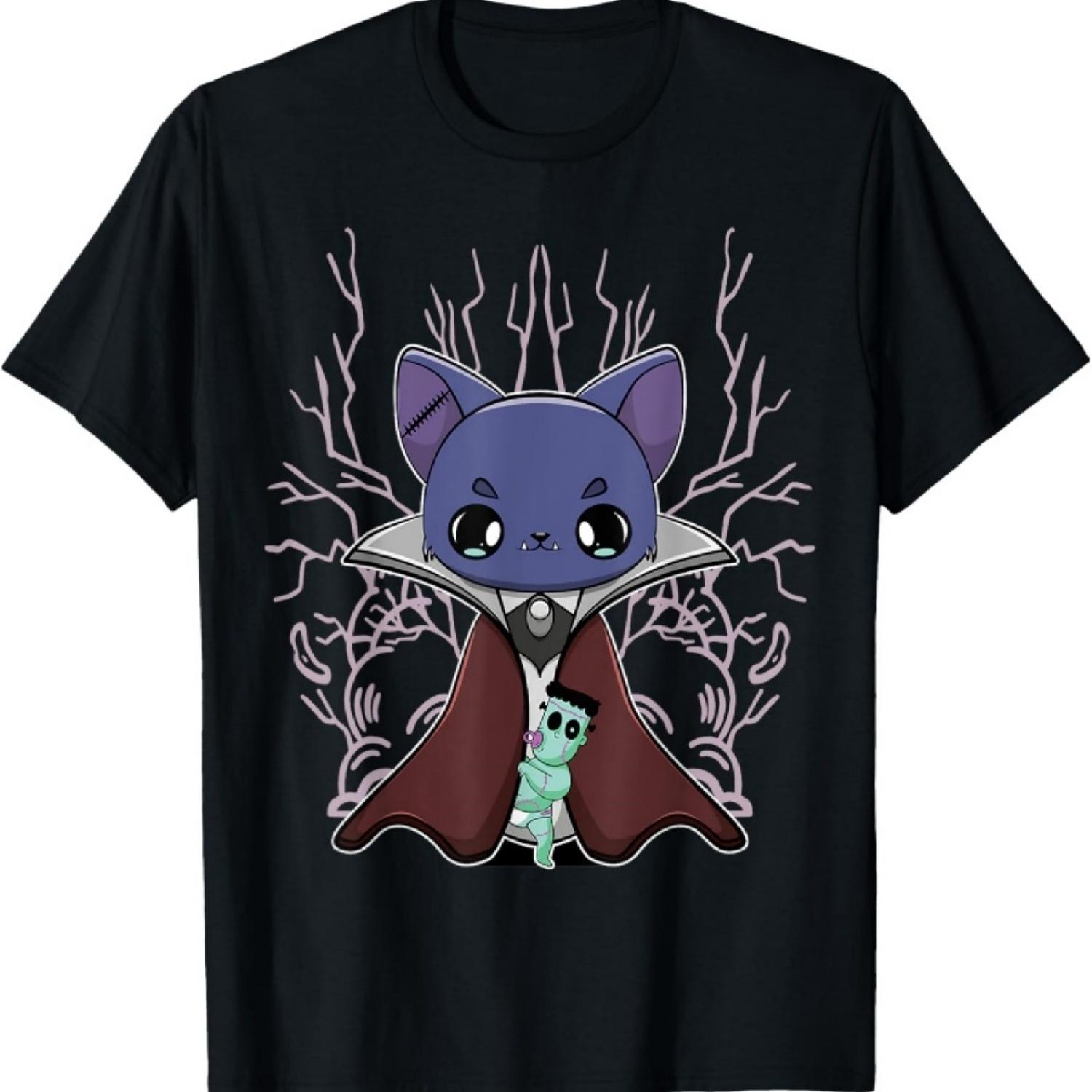 

Black Cat Vampire Dracula Holding Monster For Halloween T-Shirt S