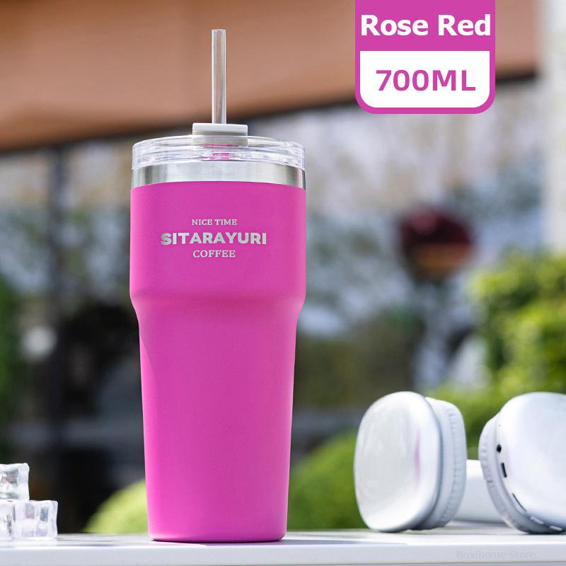 700ML Double Drink Insulation Cup Stainless Steel Straw Thermos Water Bottle Portable Large Outdoor Coffee Thermal Car Ice Mug