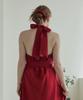 Belrma Red Linen Back-Open Ribbon Halterneck Dress