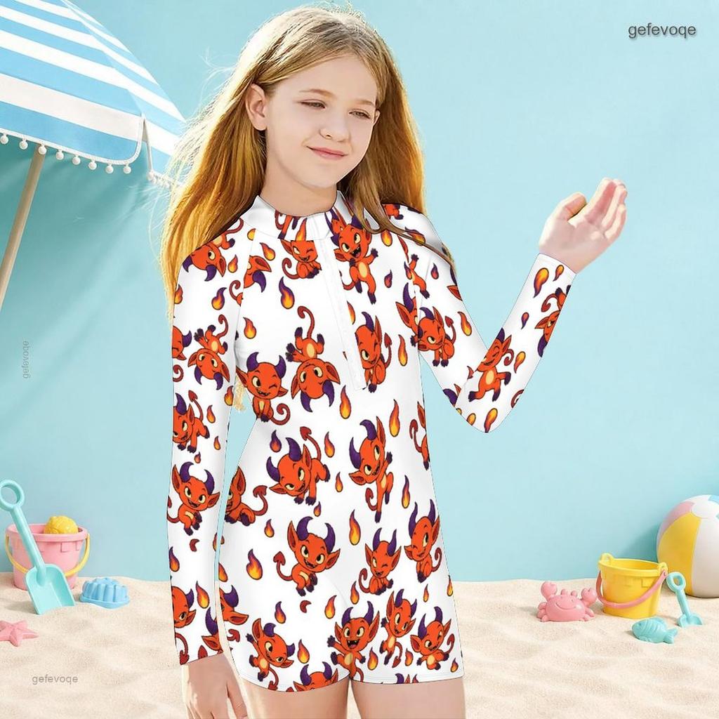 Girls High Neck Long Sleeve Front Zip Cartoon Printed Boyshort One Piece Swimsuit