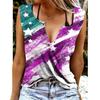 Womens Independerce Day Loose  V-Neck Sleeveless Button Print Tops Vest