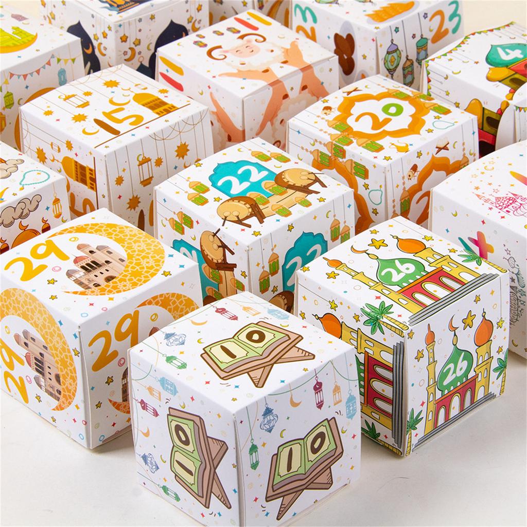 30Pcs Eid Festival Countdown Candy Boxes 7x7x7cm Paper Party Treat Boxes Countdown Treat Boxes Candy Cookie Bags