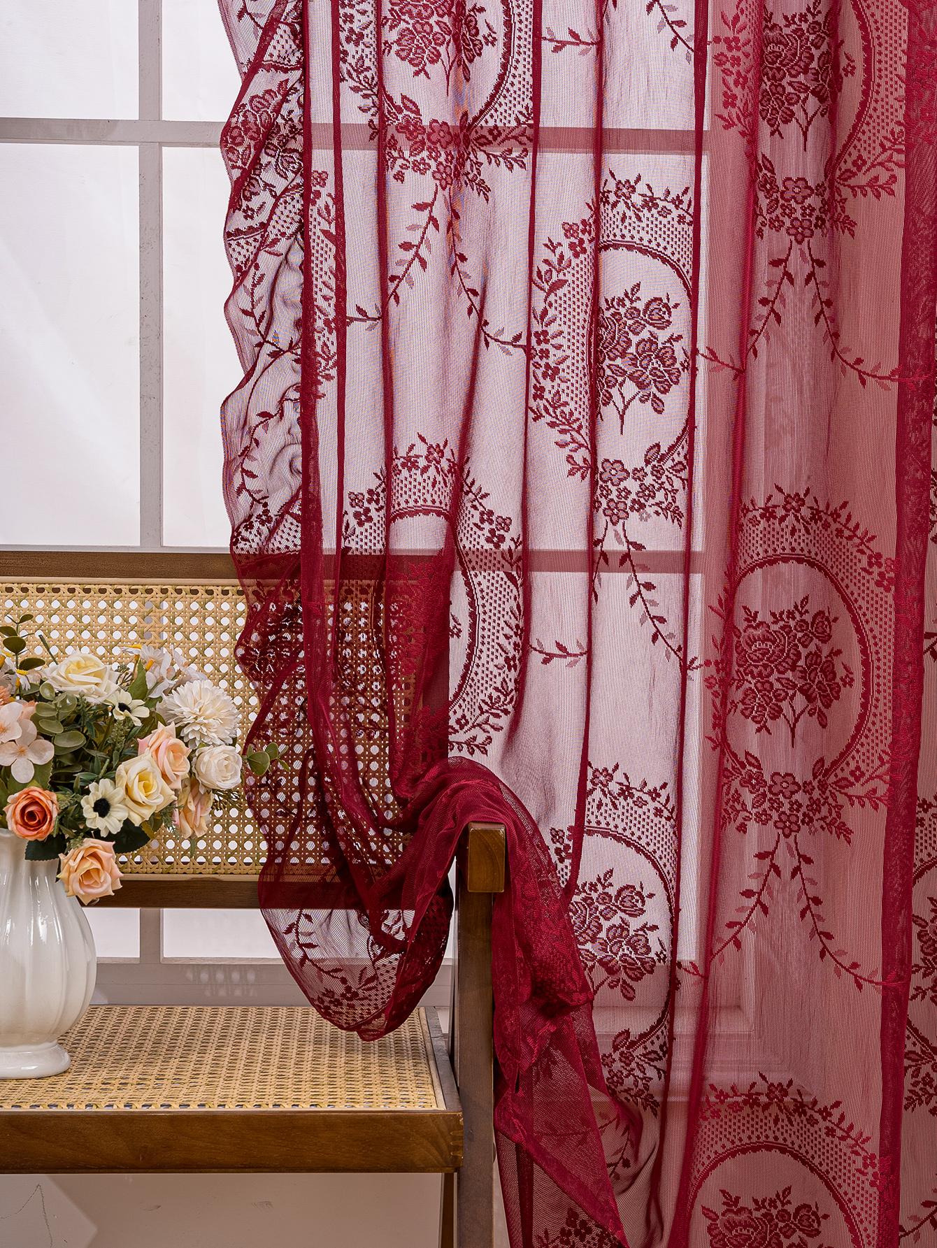 Bordeauxrode Vintage Kant Transparante Gordijnen, Bloemen Geborduurde Gerimpelde Voile Gordijnen Voor Woonkamer 140x160cm 1PC&Rod pocket &1 panel bordeaux