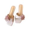 Slope heel open-toed one-word slippers for women in summer, new flower-decorated square head cool slippers