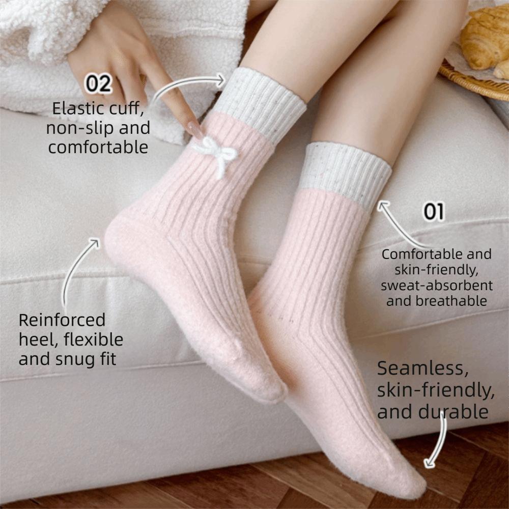Soft Plush Sleep Socks Bowknot Warm Home Socks Simple Middle Tube Socks  Indoor Use