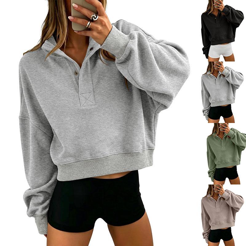 Women's Casual Loose Fit Long Sleeve Sweatshirt with Half Button Placket for Fall Winter