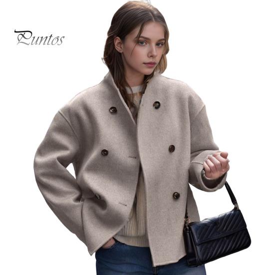Loose Fit Women Jacket Fall Winter Single-breasted Double-breasted Thickened Cardigan Coat Long Sleeves Stand Collar Chest Pockets Outwear Casual