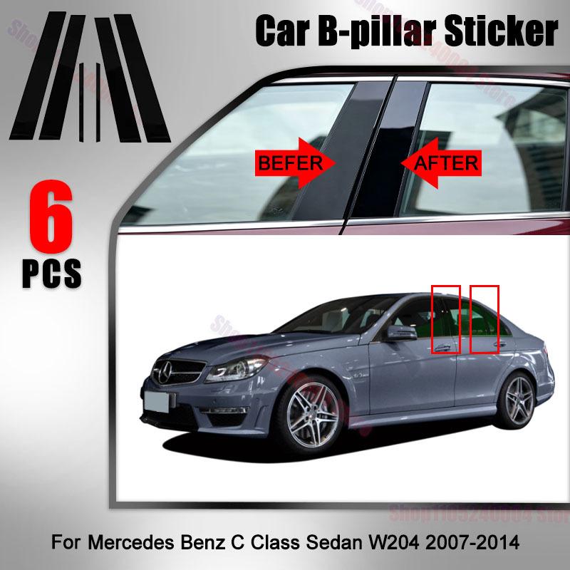 6PCS Glossy Black Polished Pillar Posts For Mercedes Benz C Class Sedan W204 2007-2014 B C Column Window Trim Sticker Cover