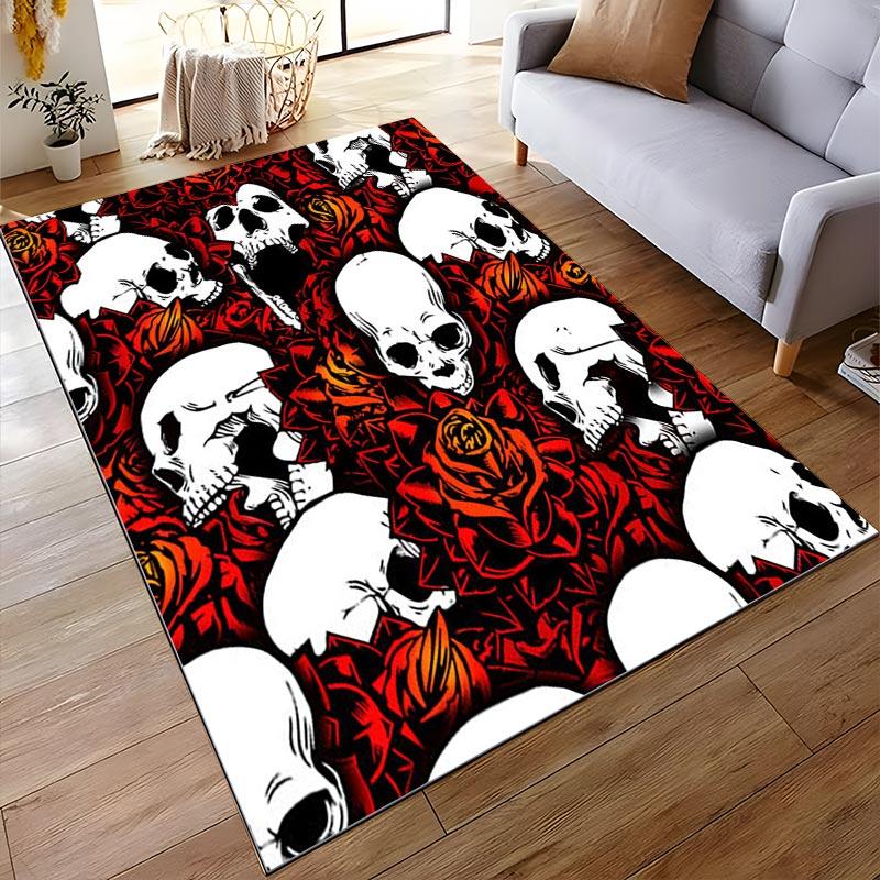 Skull and Rose Pattern Carpet, Red and Black Gothic Home Decor Rug Suitable for Use As an Anti-slip for Living Room Bedroom Sofas