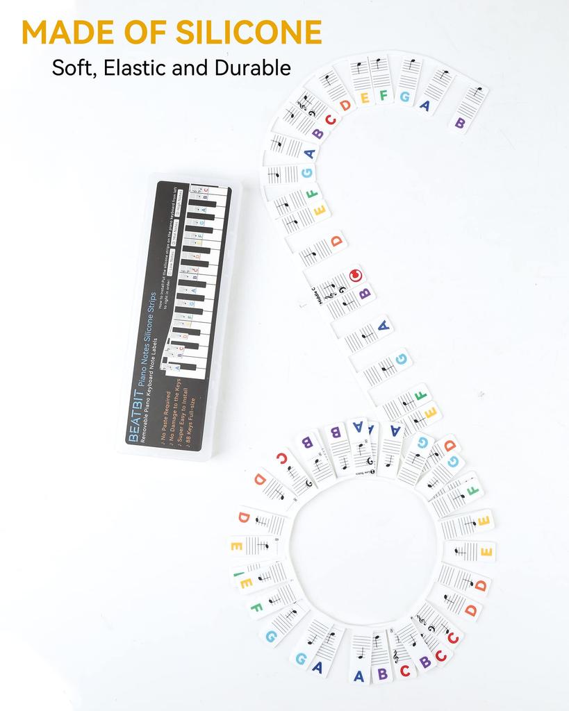 BEATBIT Piano Note Silicone Strips for Piano Keyboard Notes, Learning Labels, Non-Stick, Ready to Use, 88 Keys, Full Size (Rainbow Colors)