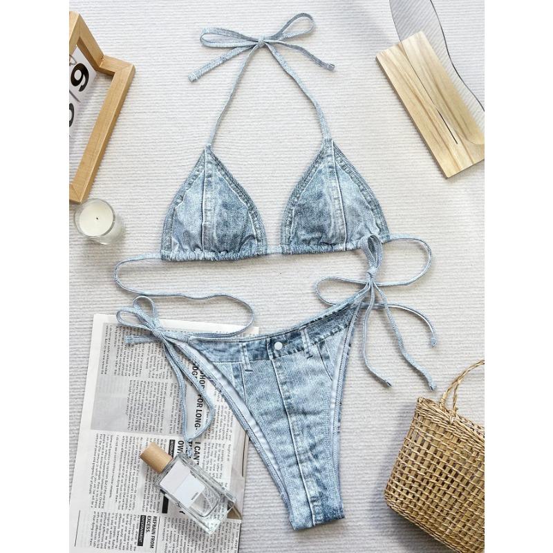 

Sexy Denim Print Bikinis Woman Summer 2025 Push Up Swimwear Fake Two Piece Thong Swimsuits Beachwear S синий
