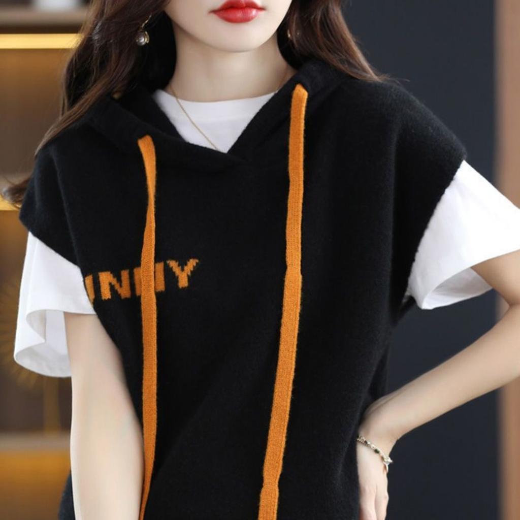 Ermeløs hettegenser, Dame Høst og Vinter Løstsittende Hettegenser Strikket Basegenser