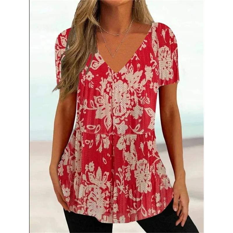 Mode Einfache Wellenkurve 3D-Druck T-Shirts Damen V-Ausschnitt Kurzarm T-Shirt Y2k Harajuku T-Shirts Lässige Tops Damenbekleidung
