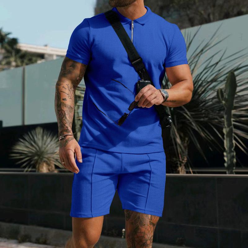 Summer Men's Polo Zipper Collar Versatile Casual Loose Texture Short Sleeve Shorts Sport Set