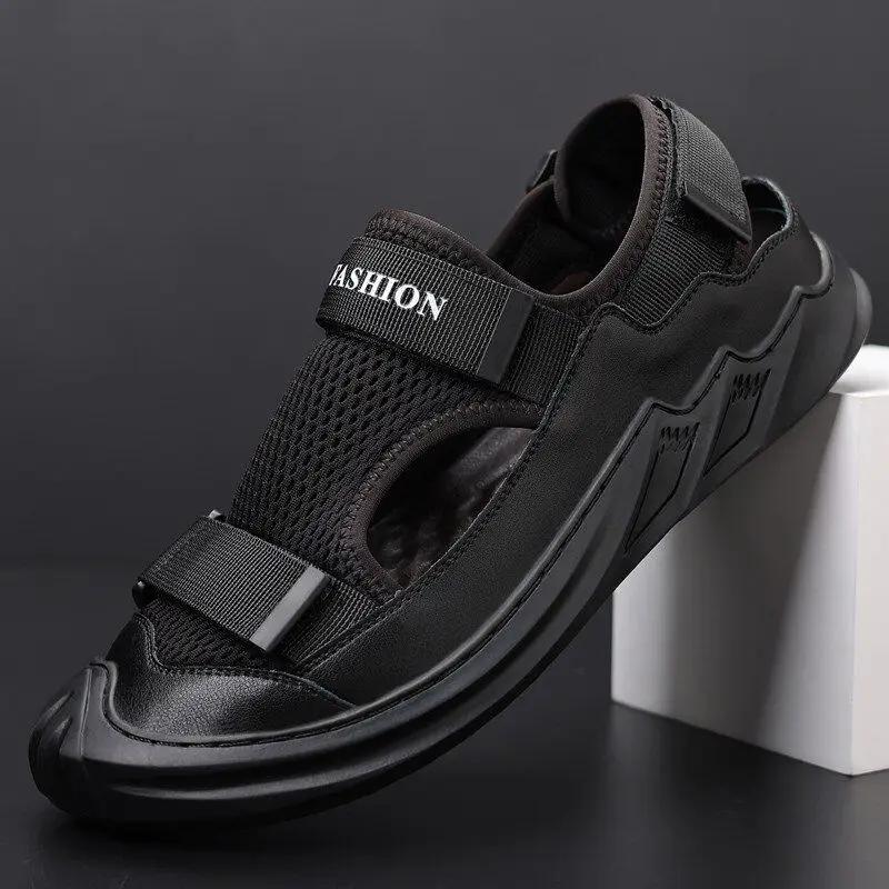 

fashion Sandals Men s Large Size Soft Sole 2024 Summer New Slippers Baotou Breathable Beach Shoes Outdoor Casual Shoes Chaussure Homme 45 чорний