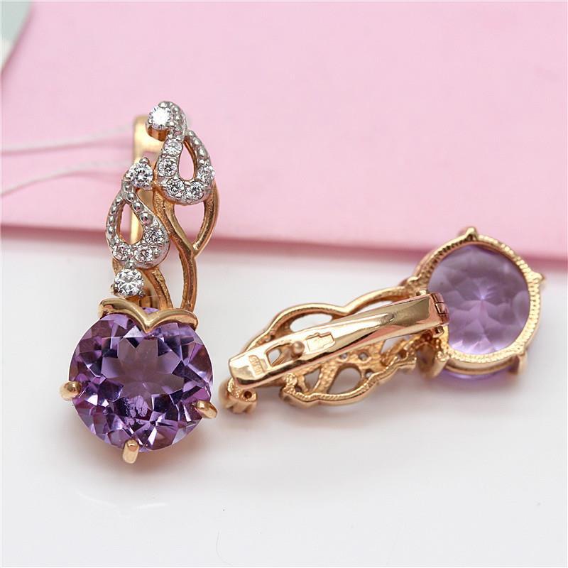 Exquisite Russian 585 Purple Gold Earrings Seiko Rose Gold Plated Purple Stone Earrings High-End Temperament Women