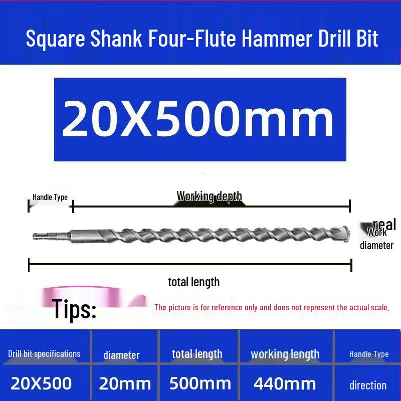 Extended Electric Hammer Drill Bit, Square & Round Shank, for Concrete Piercing - Available in 500mm to 2m Lengths
