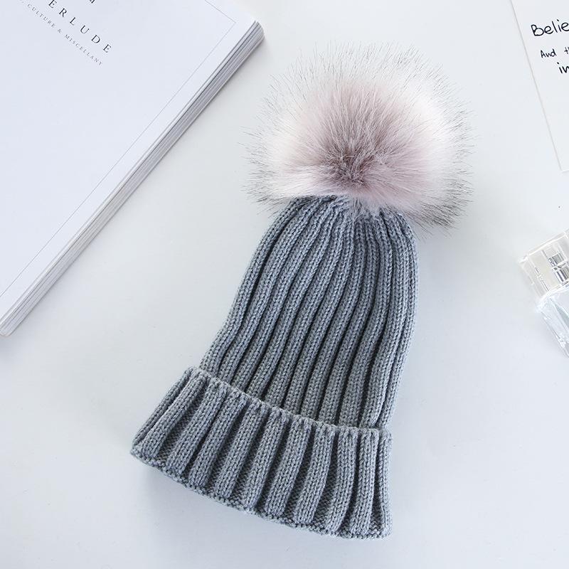 Korean Style Pom Pom Knit Beanie - Warm, Solid Color, Rolled Brim for Autumn & Winter