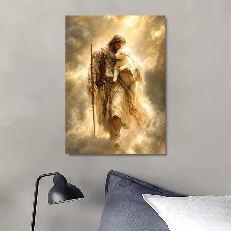 1pc Jesus Holding Lamb Religious Print - Vertical Suitable for Living Room, Study, Office Decor - Neoclassical Iconography for Home Sanctuary Gift