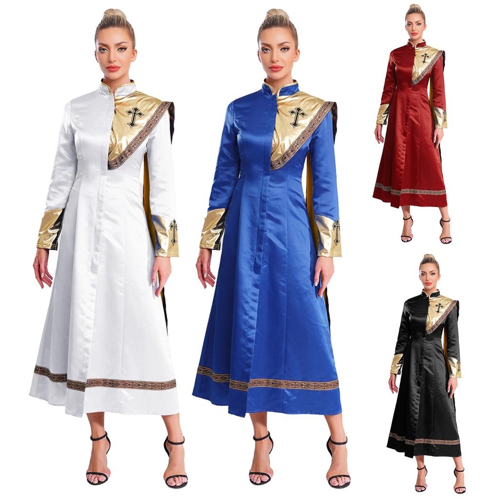 Womens Halloween Priest Cosplay Long Robe One Shoulder Drape Front Zipper Metallic Shiny Cassock