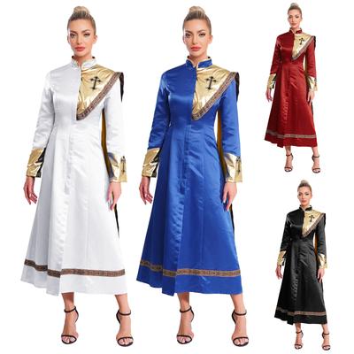 Womens Clergy Church Cassock Costume Metallic Patchwork One Shoulder Front Zipper Long Robe