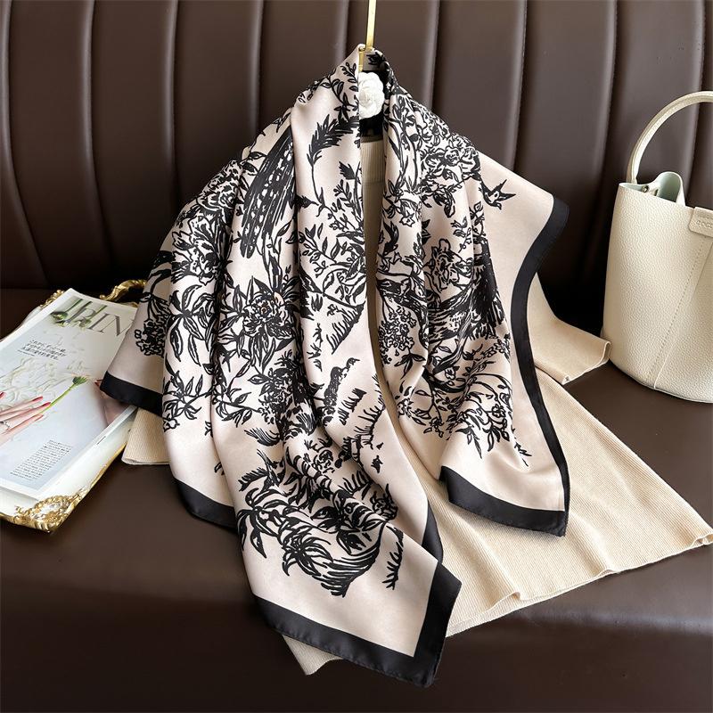 Ink Painting Silk Scarf 90cm Twill Scarves Large Square Sunscreen Shawl Headscarf for Women Hijab Luxury Bufanda Foulard