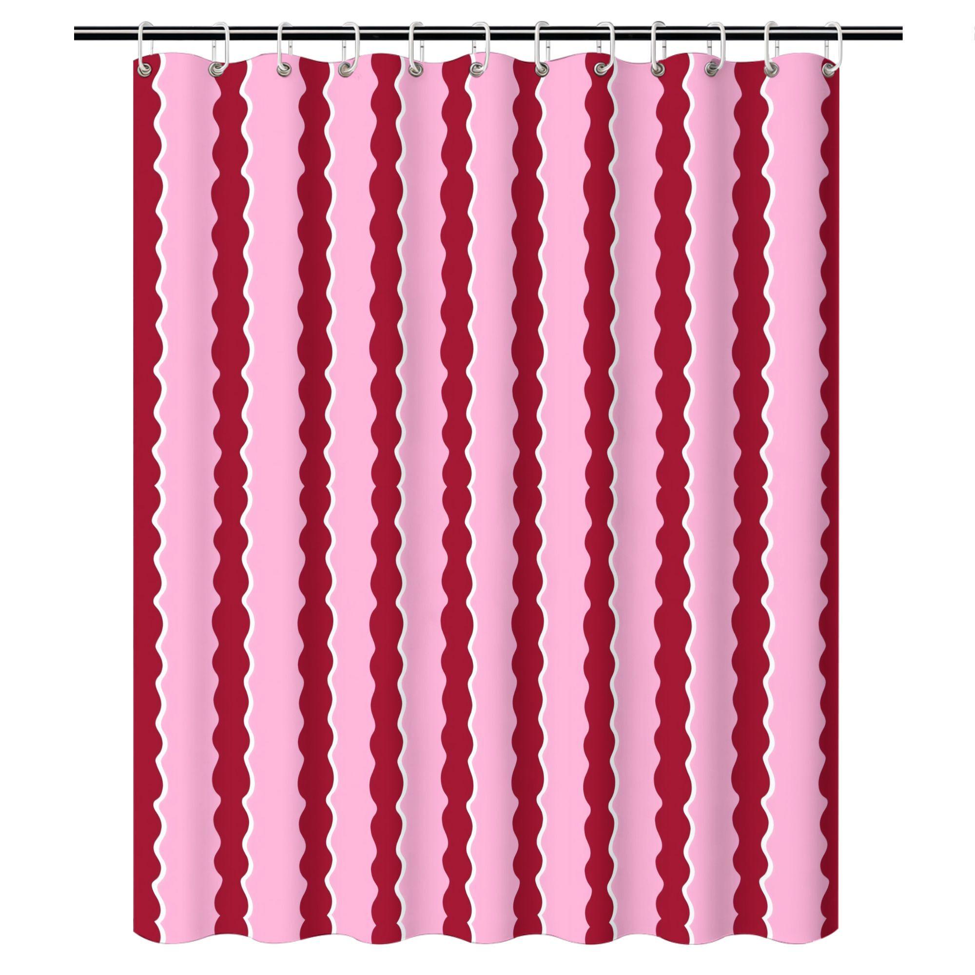 Pink & Burgundy Wavy Stripe Shower Curtain – Squiggly Lines, Polyester, 12 Grommets, Water-Resistant 180x180cm71x71in (as the picture,90x180cm35x71in)