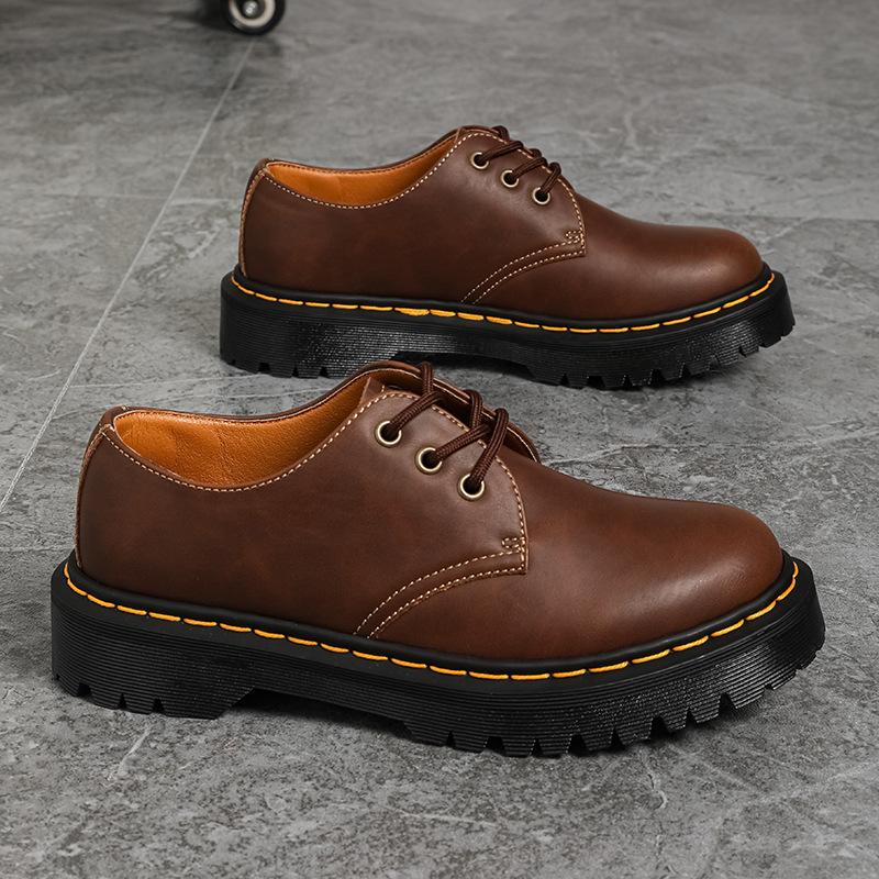 American Couple Low-top Small Leather Shoes Men's and Women's Genuine Leather Crazy Horse Brown Large-size Short Boots Round Head Men's Casual