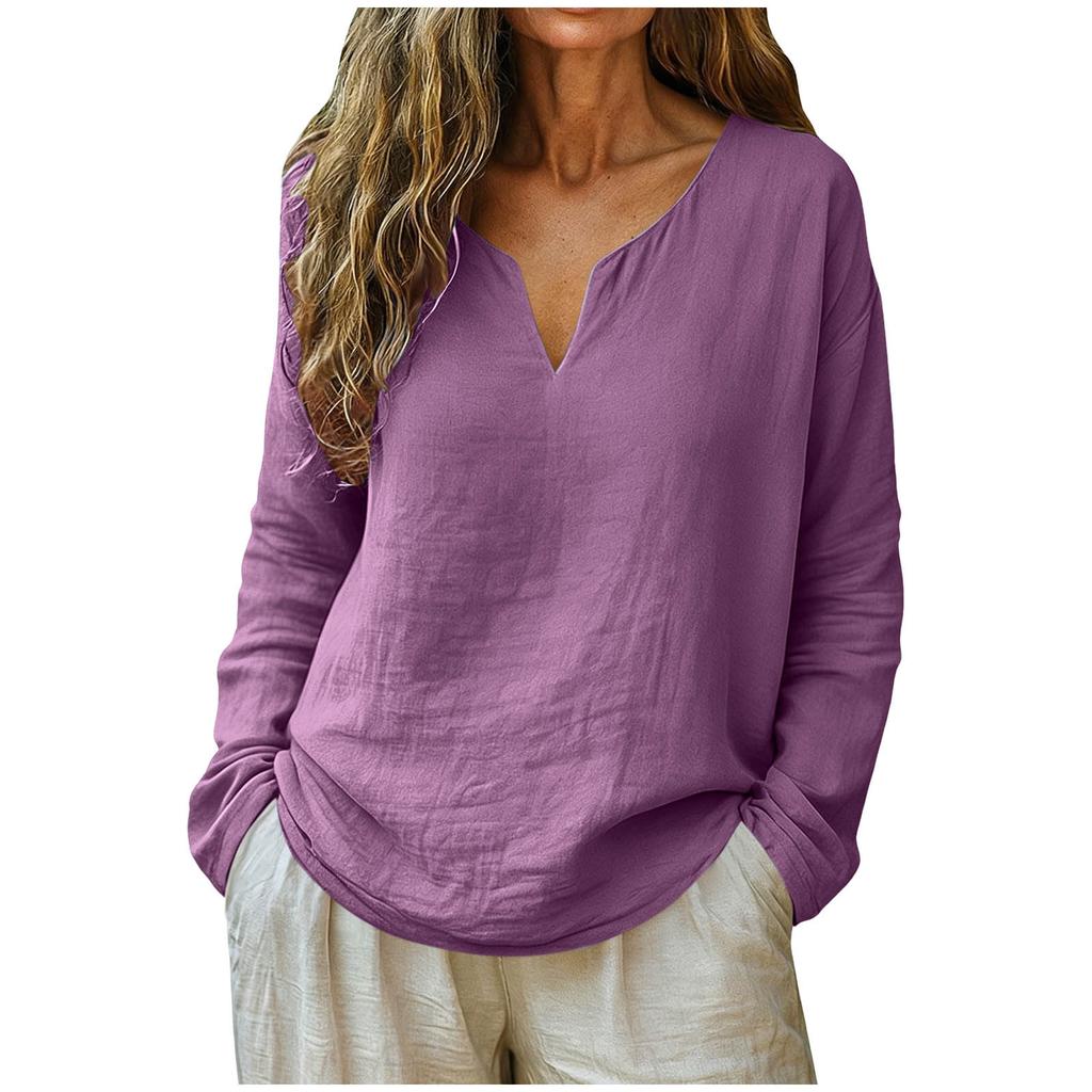 Women's Fashionable Loose-Fit -Color Cotton-Linen V-Neck Long-Sleeve Shirt
