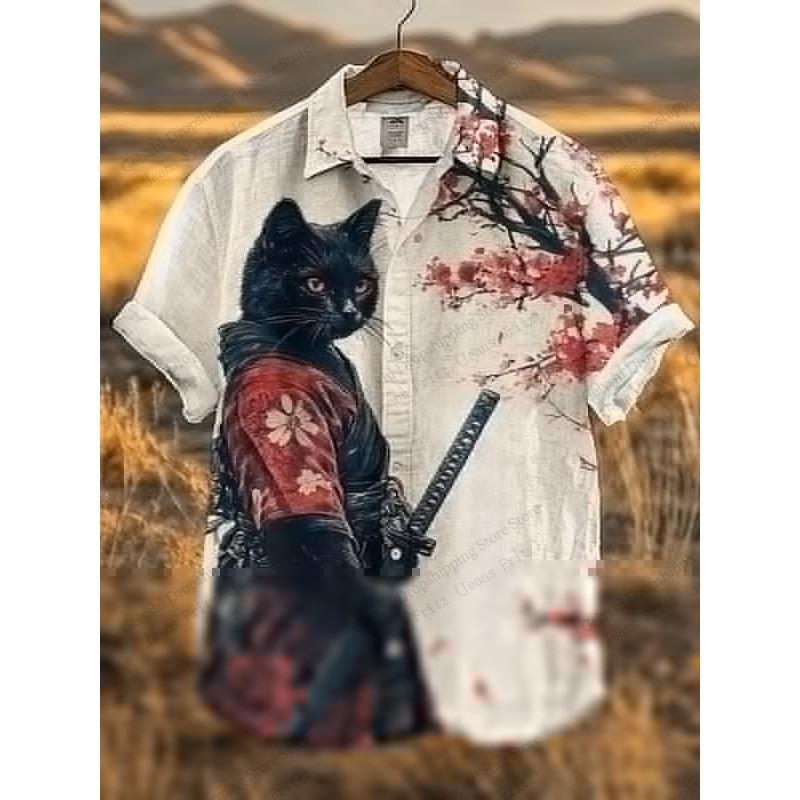 Modisches Herren Sommer Hawaiianhemd Vintage Kalligraphie Katze Dinosaurier 3D Druckhemd Kurzarm Lässige Strandhemden