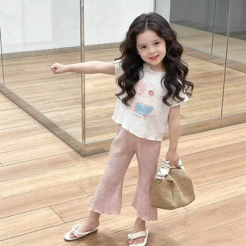 2025 Summer Girls' Bunny & Cat Print Bell Bottom Two-Piece Set