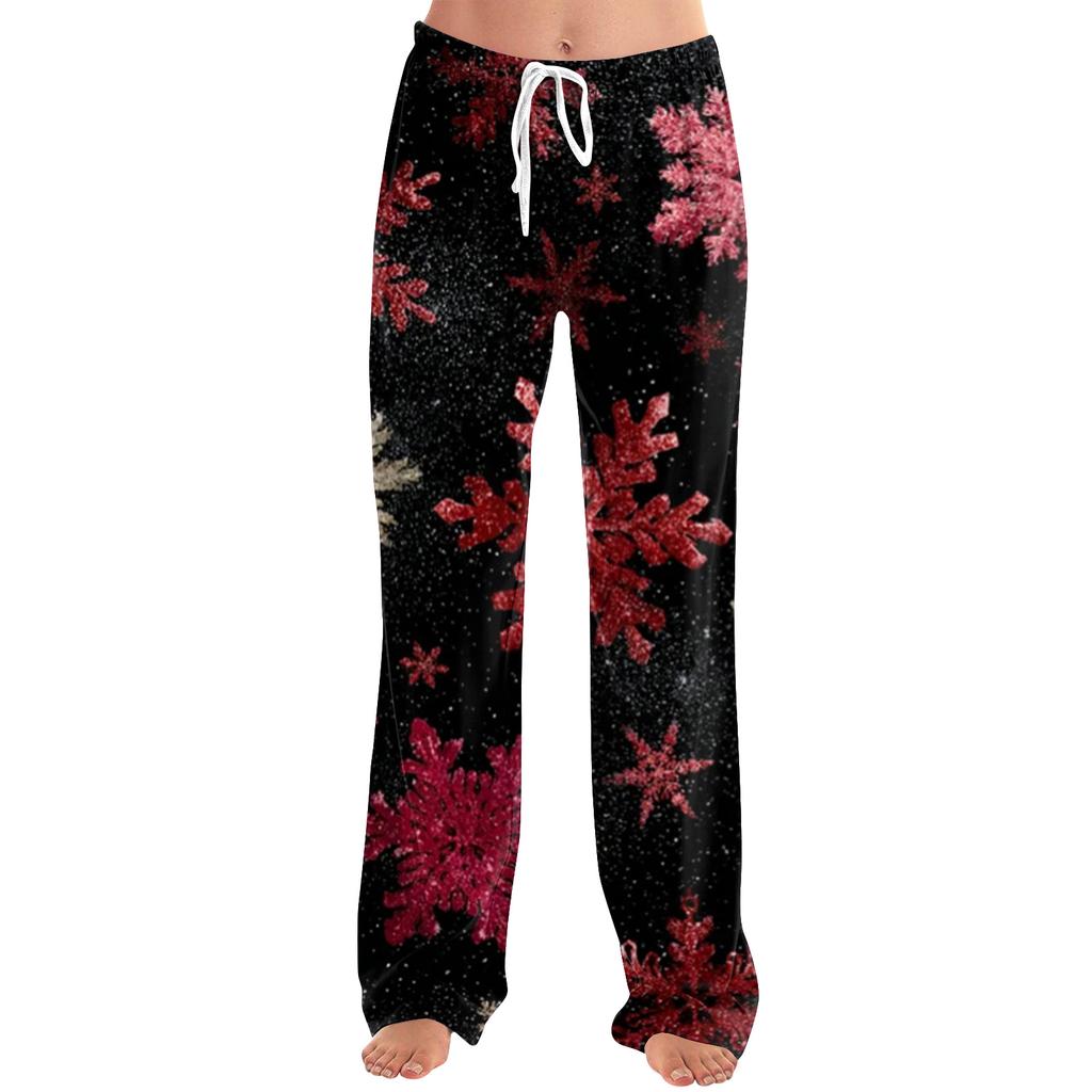Ladies' Loose And Casual Christmas Printed Wide Leg Pants With Elastic Waistband Drawstring And Pocket Pants