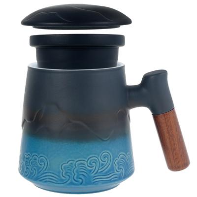 Steeping Tea Cups with Infuser and Lid Artistic Embossed Pattern Ceramic Hot Tea Cup 450ml Tea Steeping Mug for Home Office