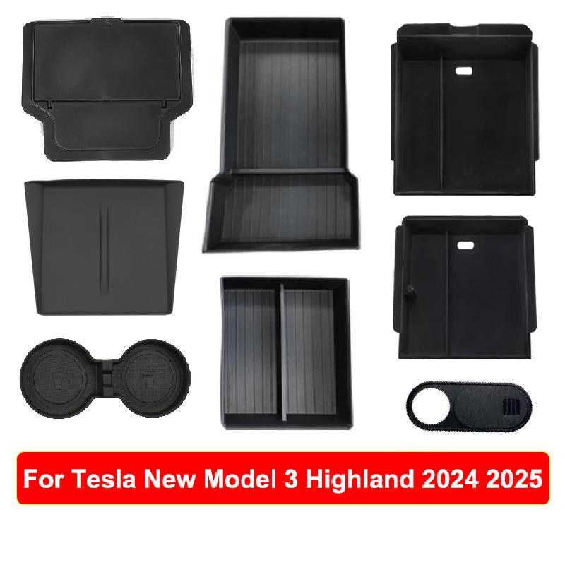 For Tesla New Model Y 2025 Launch Juniper Console & Armrest Upper and Lower Flocking Storage Box Watercup Holder Camera Cover