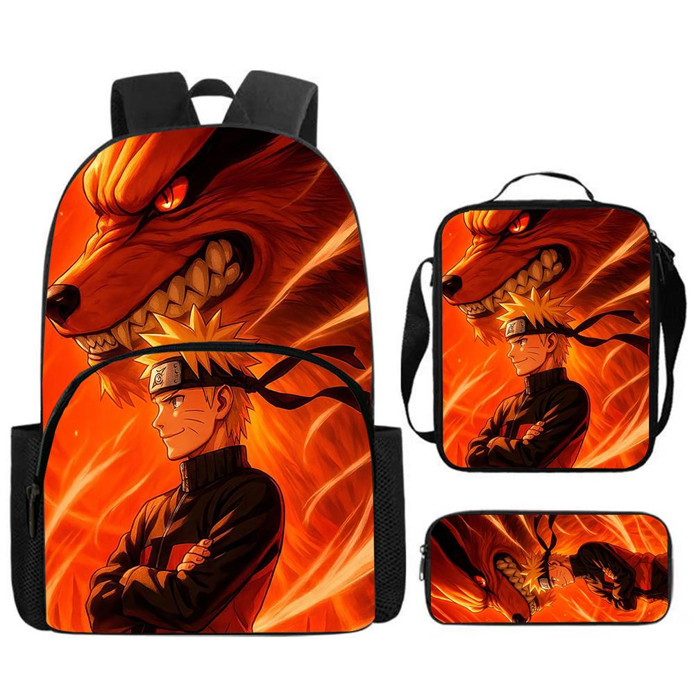 3Pcs Set NARUTO Anime School Backpack with Front Pocket, Lunch Bag & Pencil Bag, Lightweight & Durable for Boys & Girls Age 4-10