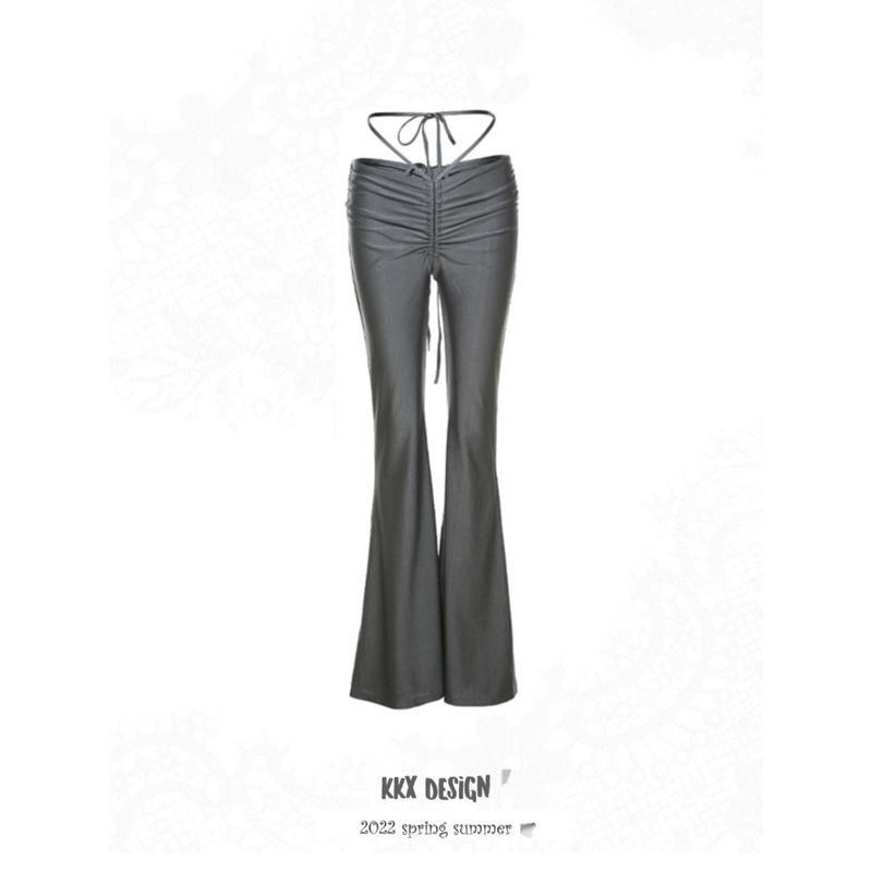 Fashion Sexy Wind Drawstring Lace Bell-Bottom Pants Ins High Street Sexy Low Waist Strap Hip Bag Women's Casual Pants