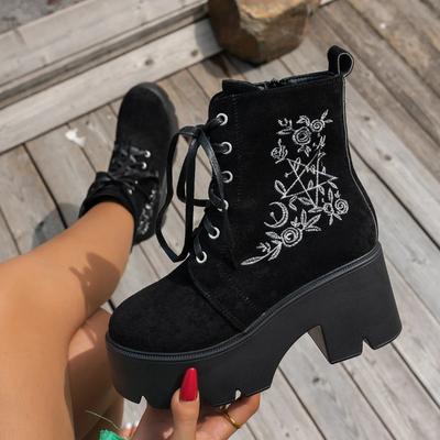 Botas de Mujer Estilo Punk Botín Clásico Bordado Moda Ante Bota Casual Botas de Diseño para Mujer Botas de Plataforma para Motociclista