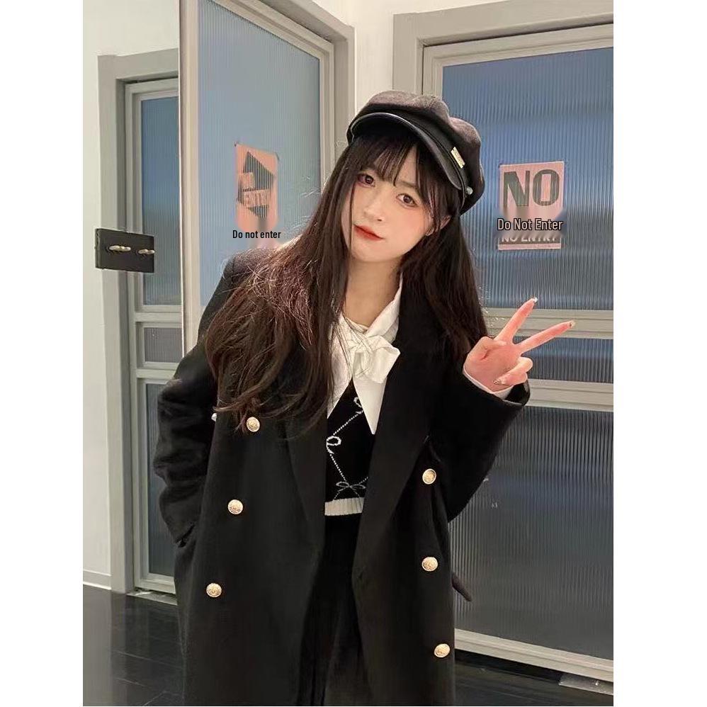 Women's Japanese Style Black Double-Breasted Woolen Coat - Mid-Length, Autumn/Winter 2025 Collection.