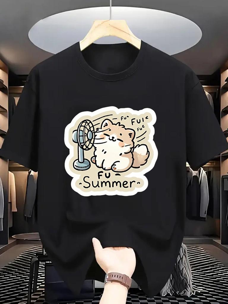 European Size Men'S Casual Summer T-Shirt with Cute Cat & Fan Print - Breathable, Lightweight, and Comfortable for Beach Vacations