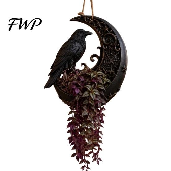 Mysterious Garden Hanging Planter Halloween for Indoor Outdoor Use, Gothic Bat Cat Witch Raven Decorative Flower Basket Plant Pot Holder, Spooky Wall