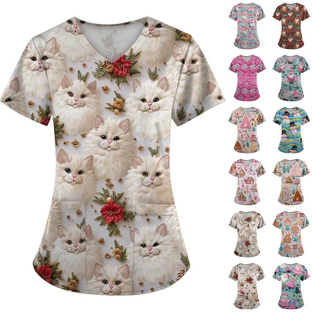 Women's Fashion Printed Short Sleeve V Neck Pattern Tops Pocket Working T-shirts