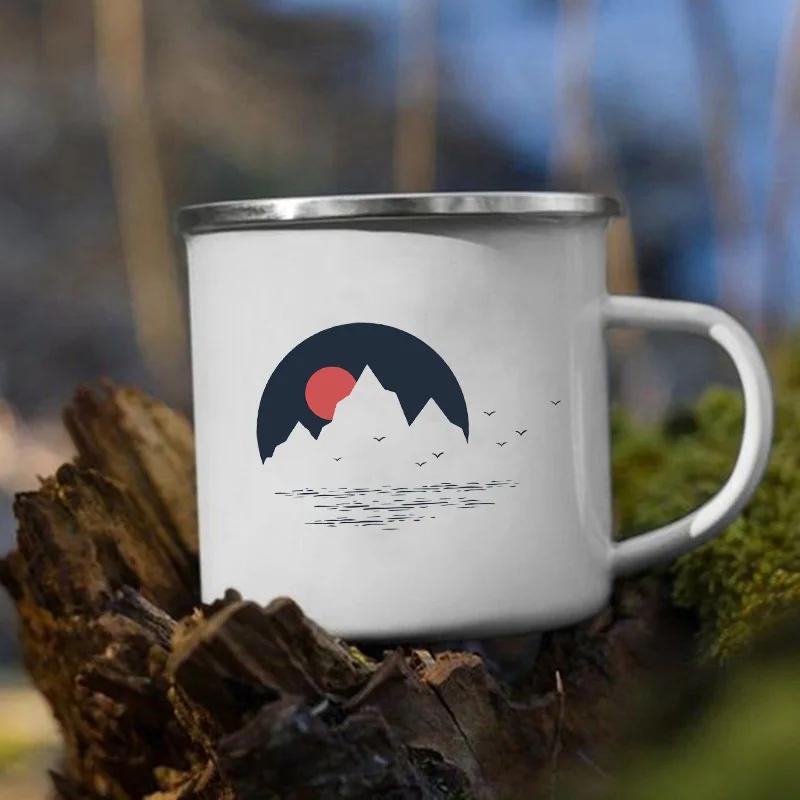 Stampa 'Le Montagne Aspettano' Tazza Smaltata Creativa Campeggio Caffè Tè Acqua Latte Tazze Manico Bicchiere Vacanza Escursionismo Regalo