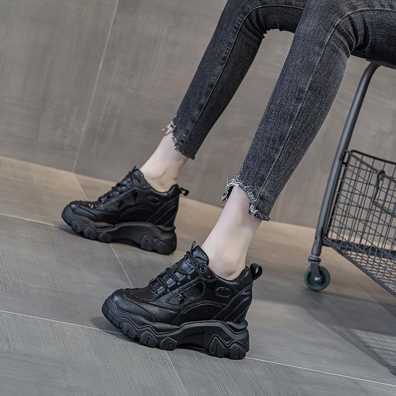 Inner heightening dad shoes women's spring 9.5 muffin thick-soled breathable leather casual small sneakers