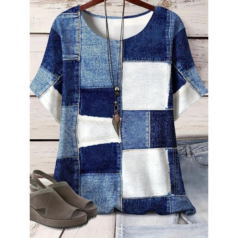 Vibrant Short Sleeve Top Spring & Summer Comfortable Casual Womens Curvy Fashion Clothing Plus Size Geometric Chic T-Shirt