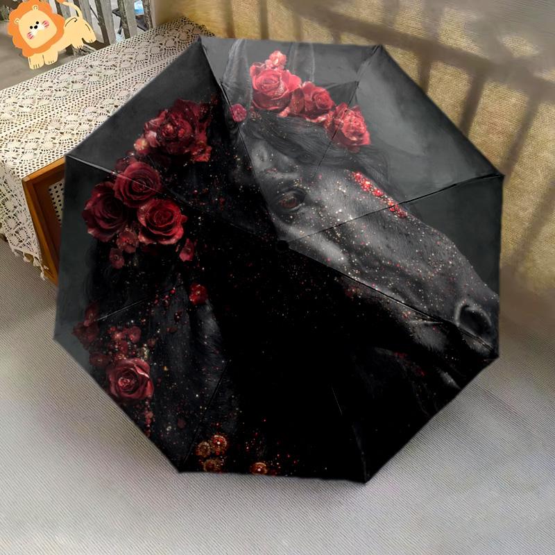 1 PC Automatic Folding Umbrella - Black Horse Pattern, Portable & Foldable Design with 8 Ribs, Christmas Birthday Gifts