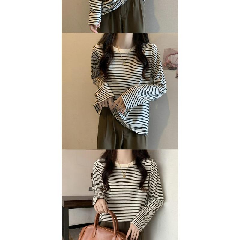 Women Plus Size Loose Striped Long Sleeve Casual Bottoming T Shirt