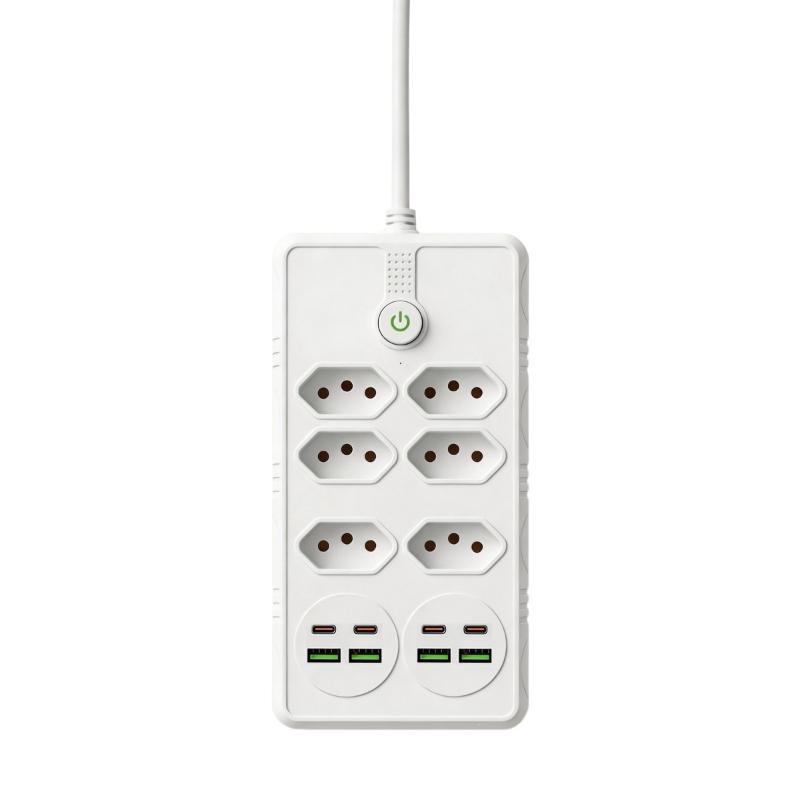 Wall Mount Power Extension Socket with USB Fast Charging Line Filter Voltage Regulator 6 Outlets 4 USB Ports 2M Cord for Workshop Use