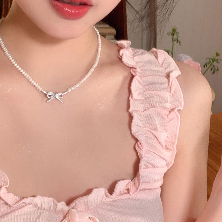 Millet beads pearl bow necklace women's niche high-end clavicle chain new temperament accessories
