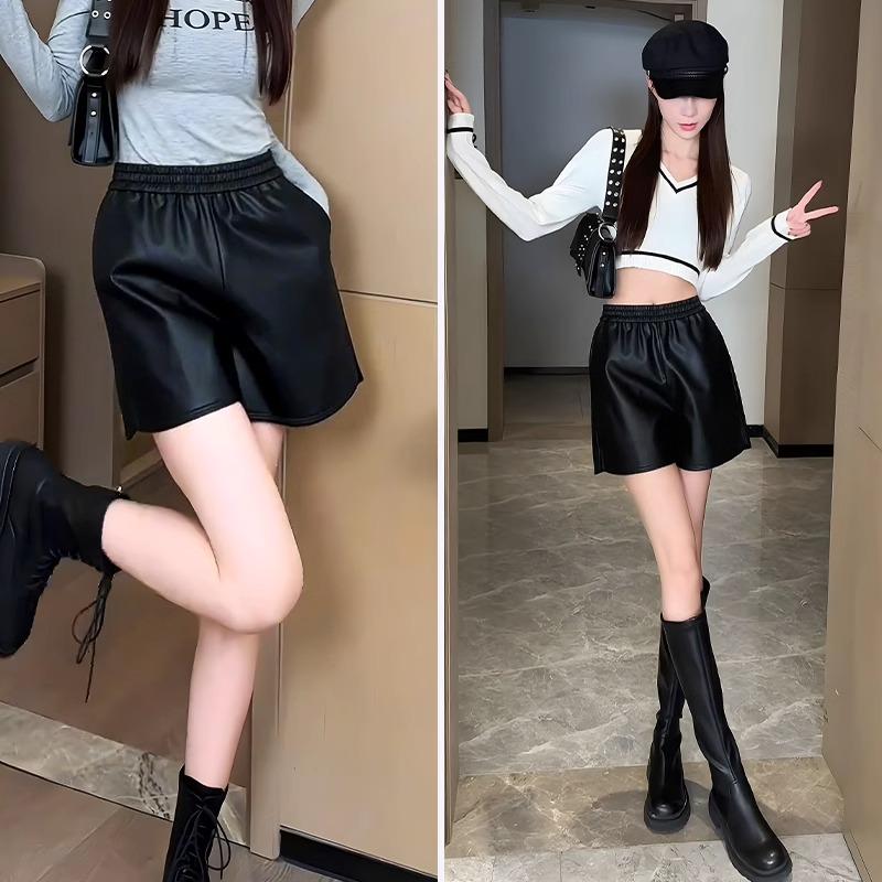 

Women s High-Waist PU Leather Shorts - Autumn 2024 Slimming Drawstring Wide-Leg Style M кавовий